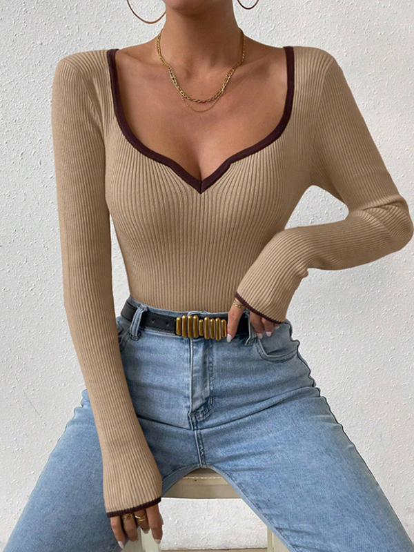 Long Sleeves Skinny Contrast Color Pleated Split-Joint V-Neck T-Shirts