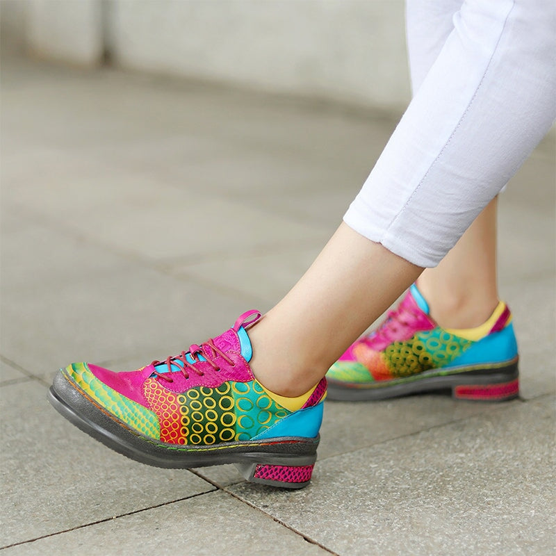 Women Fashion  Oxfords With Printing Lace-up Shoes in Rose Red