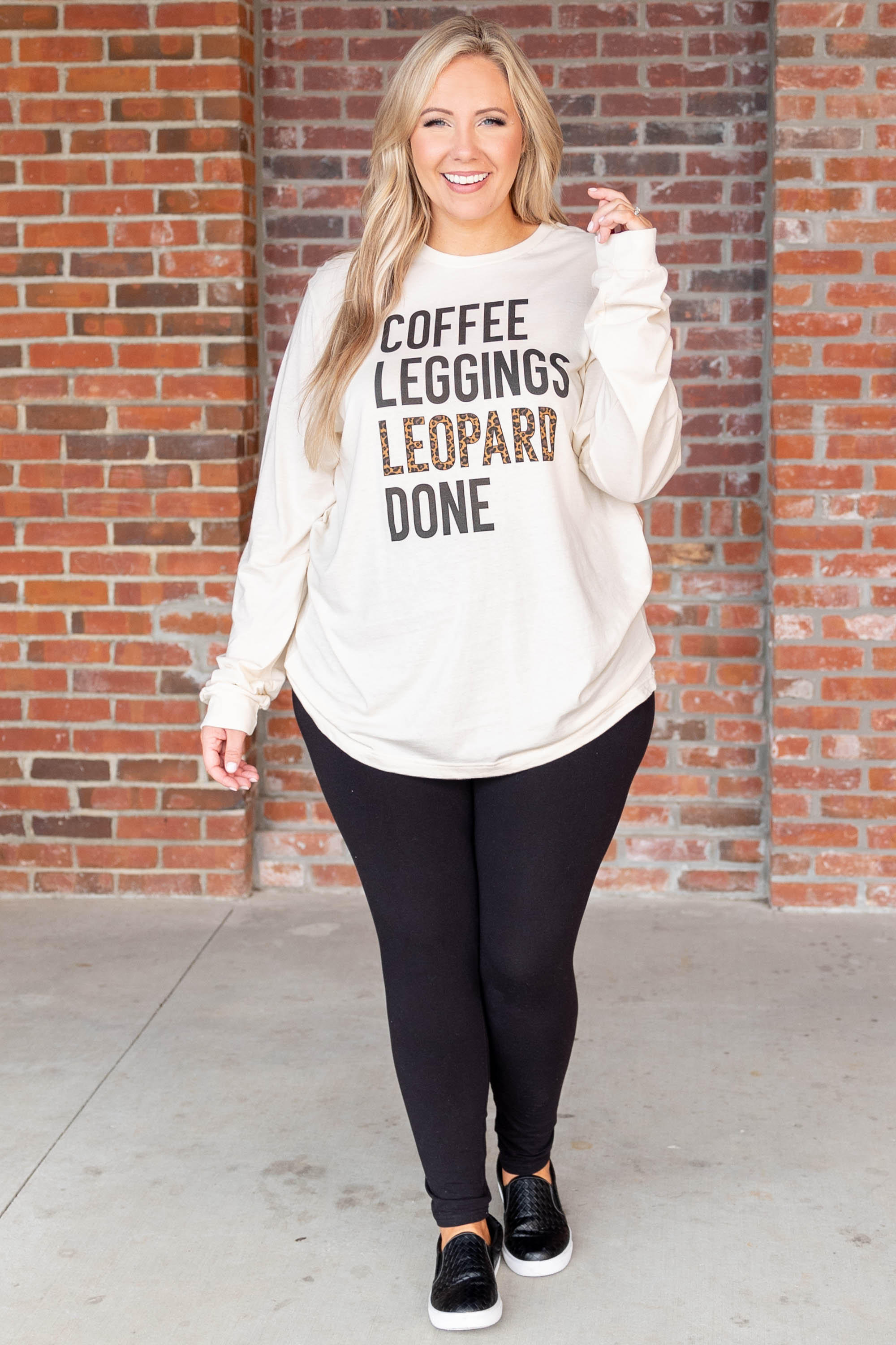 Coffee. Leggings. and Leopard Top. Natural