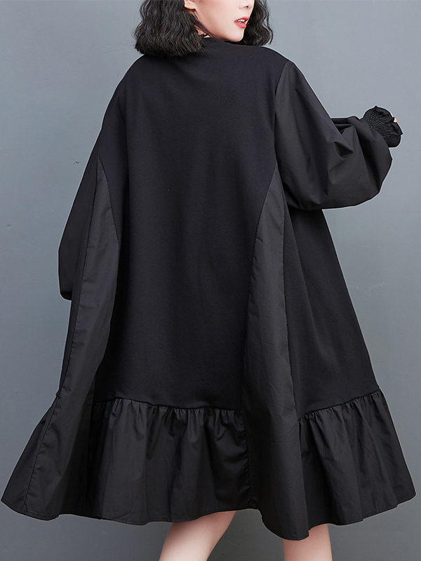 Loose Puff Sleeves Pleated Solid Color Split-Joint Round-neck Midi Dresses