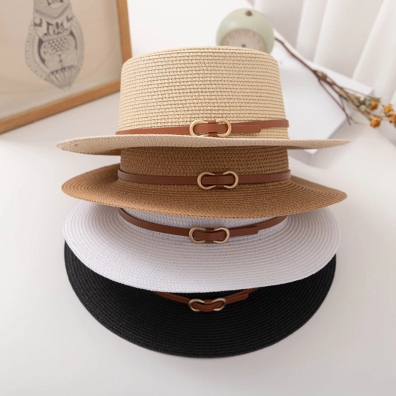 Flat Top  Hat  Summer Fashion Women's Sun Hat Sun Protection Sun Hat Paper Woven Hat Belt Hat