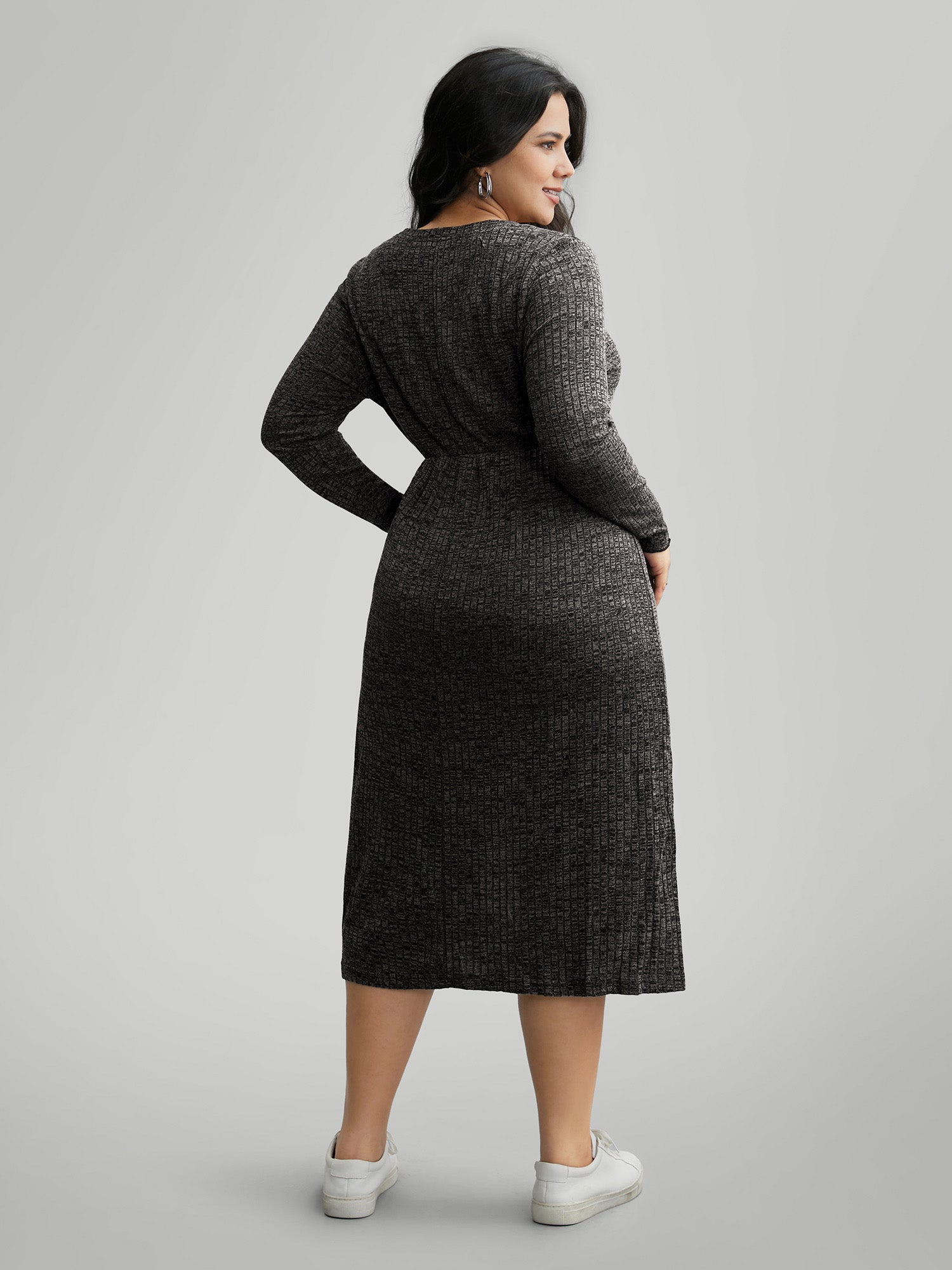 Crew Neck Button Detail Split Hem Dress