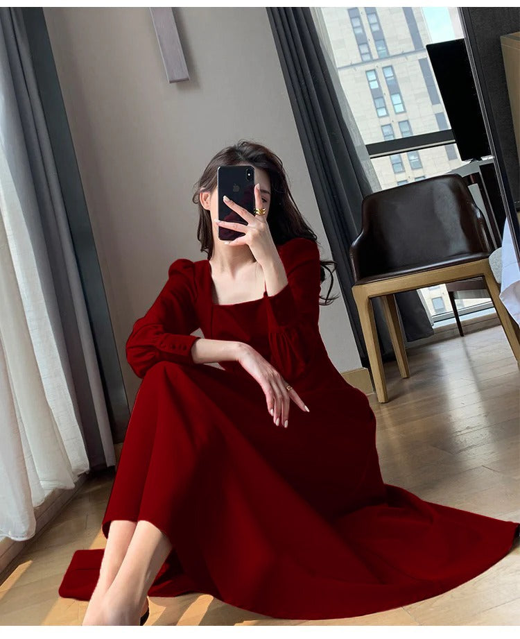 Long Sleeve Square Neck Fit & Flare Midi Dress