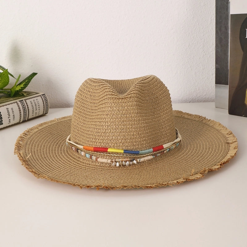 Women's Casual Vacation Beach Solid Color Beaded Big Eaves Straw Hat