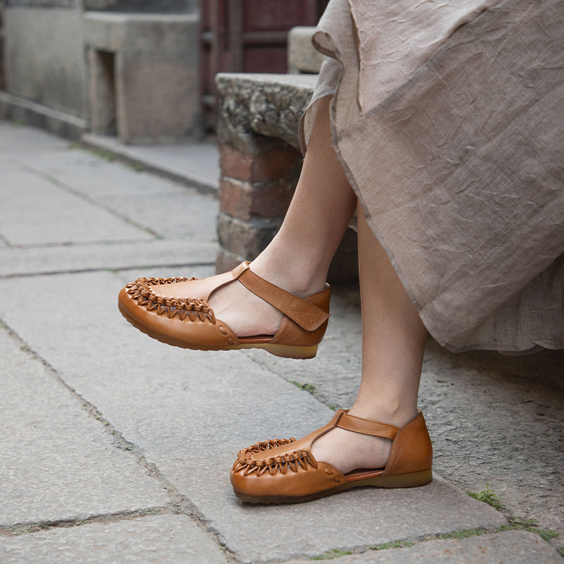 Handmade Roman Style Woven Leather Sandals  Flat T-Strap Closed Toe Shoes with Velcro in Camel/Coffee