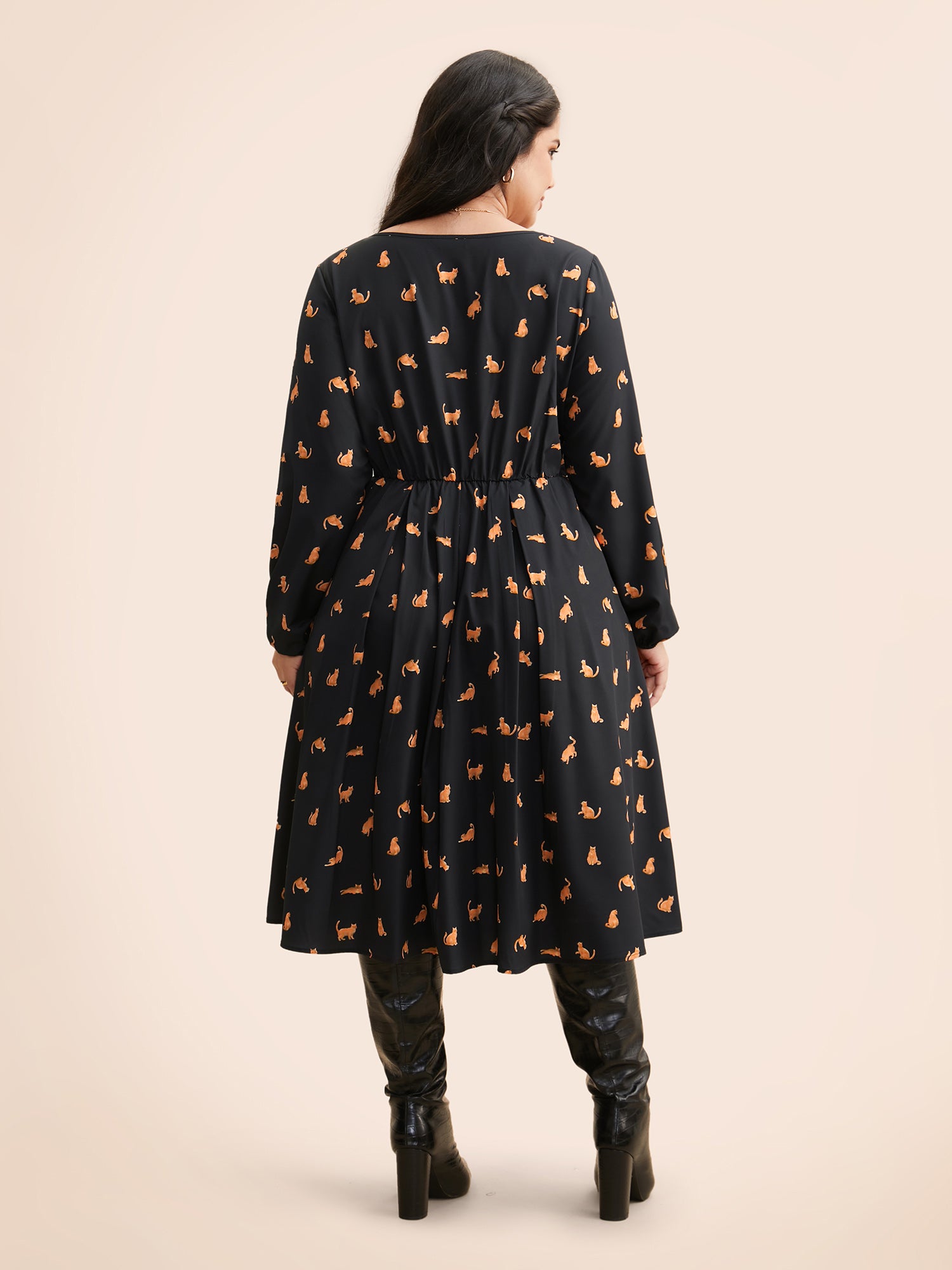 Square Neck Cat Print Pleated Dress