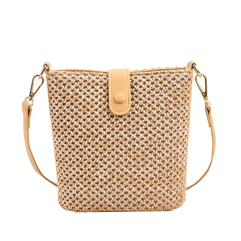 Women's Medium Straw Solid Color Vacation Beach Weave Bucket Lock Clasp Straw Bag
