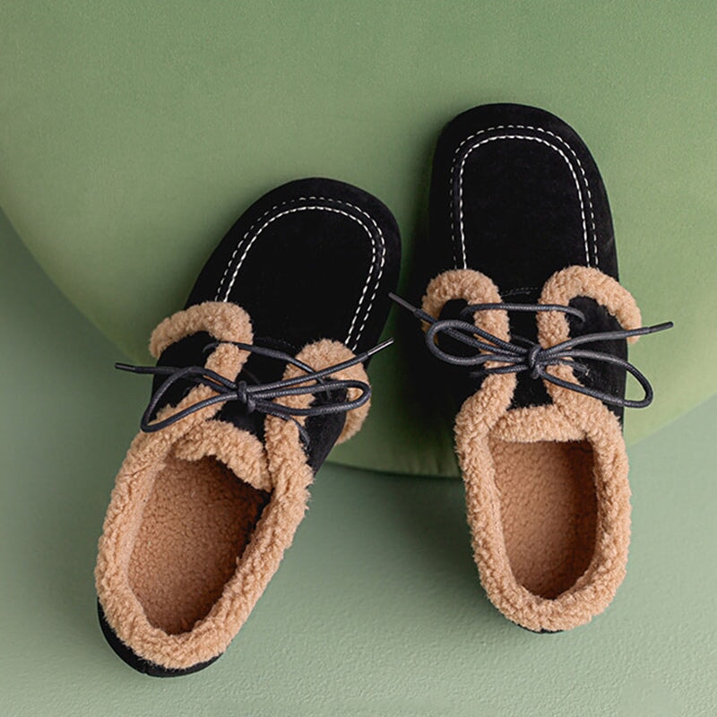 Womens Handmade Leather Oxford Loafer Shoes For Winter in Black/Brown/Apricot