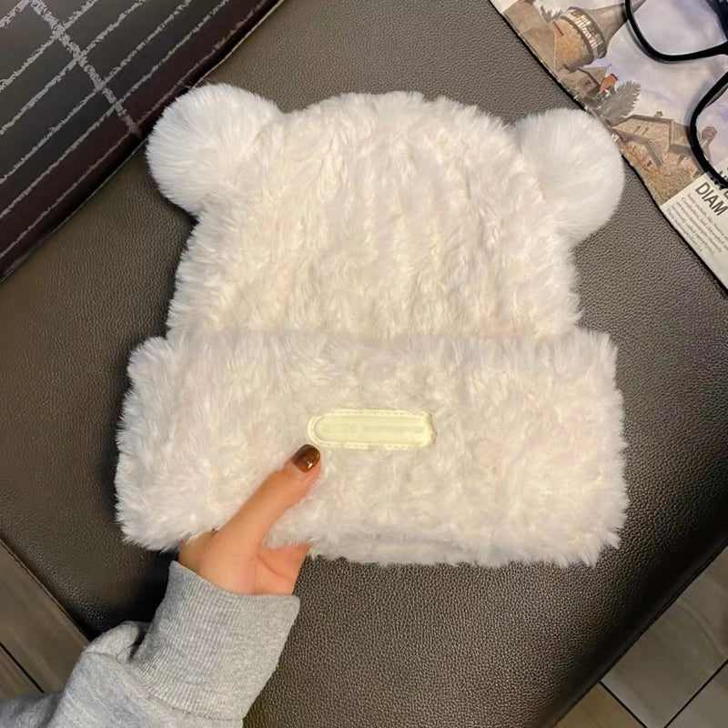 Cute Bear Fluffy Hat Winter New Women's Warm Thickened Ear Protection Hat Big Head Wai Knitted Wool Hat