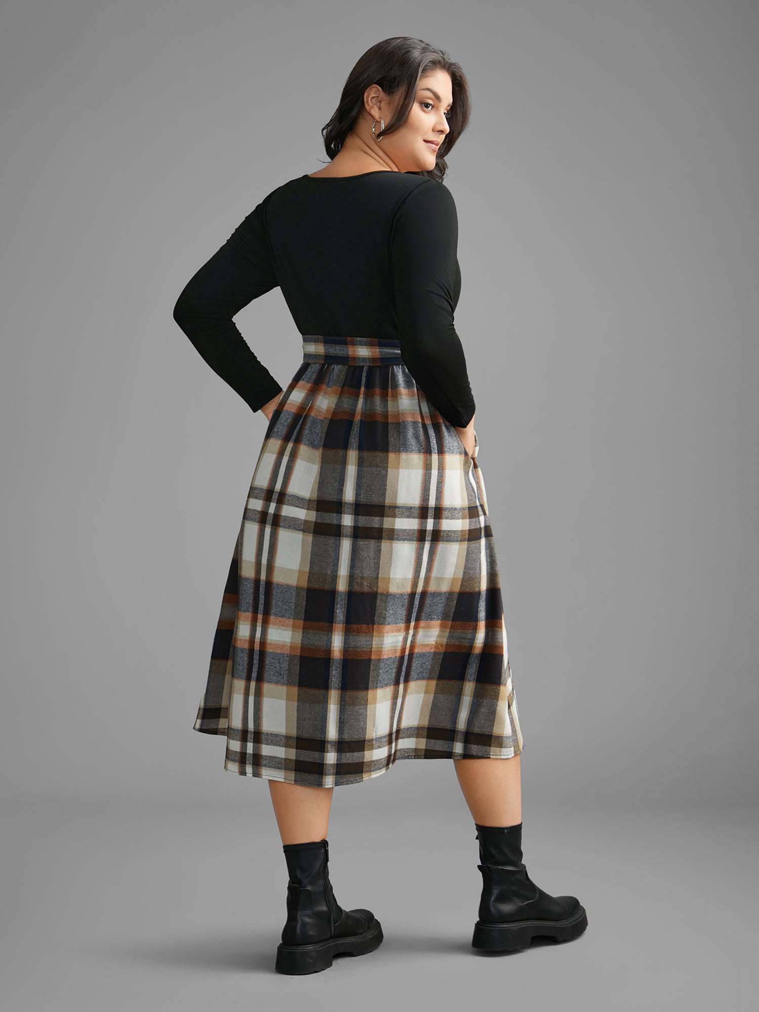 Plaid Patchwork Elastic Waist Belted Dress