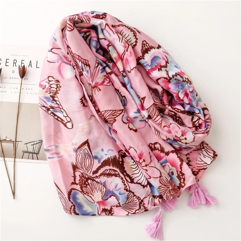 Pink Tropical Plants Flowers Flowers Cotton And Linen Braided Shawl Silk Scarf Ladies