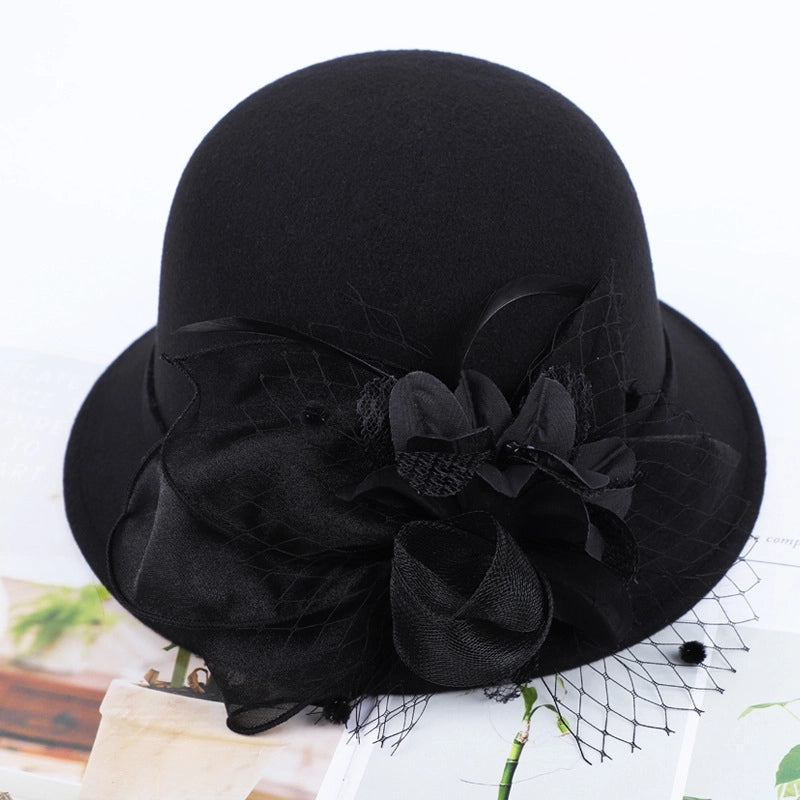 Women's Woolen Autumn And Winter New Dome Bowler Hat Female  Hepburn Style Yarn Flower Basin Hat Flat Brim Elegant Felt Hat