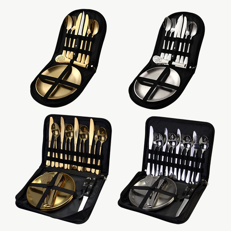 Outdoor Travel Stainless Steel Tableware Camping Picnic Barbecue Plate Clip Steak Knife. Fork And Spoon Suit Portable Storage Bag