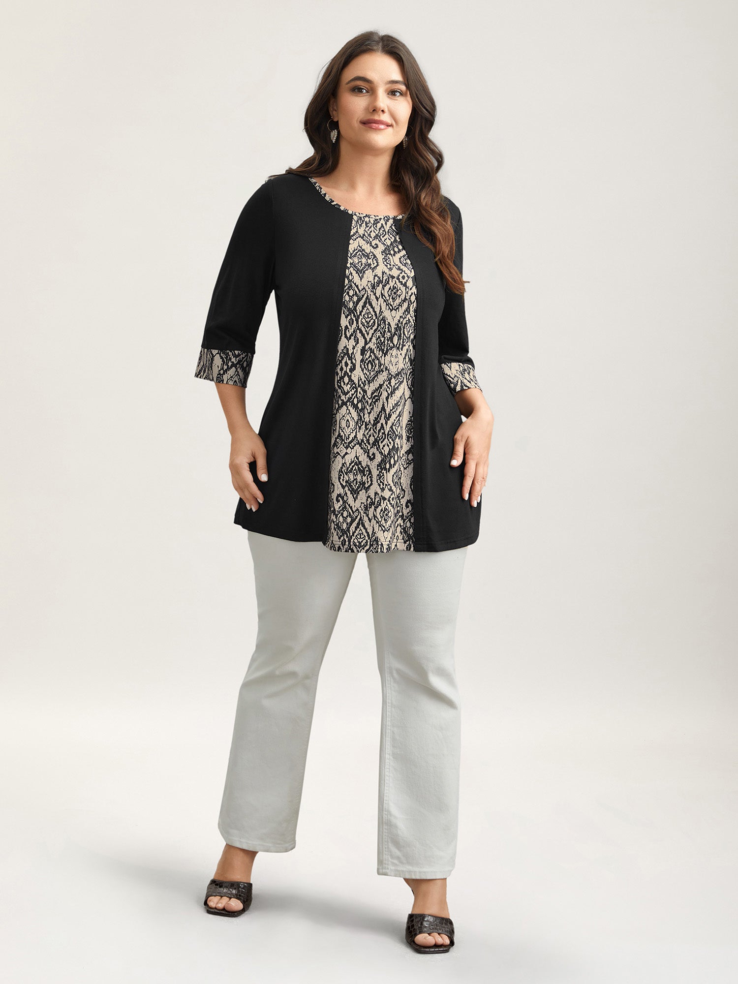 Print Patchwork Round Neck Knit Top