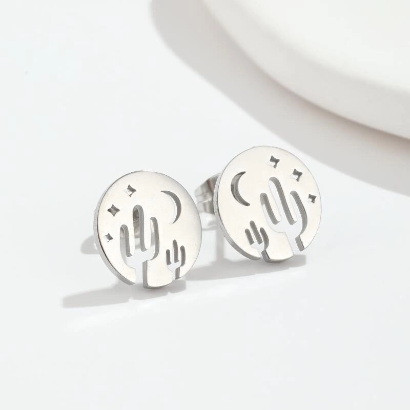 Fashion Cactus Sun Stainless Steel Plating Hollow Out Ear Studs 1 Pair