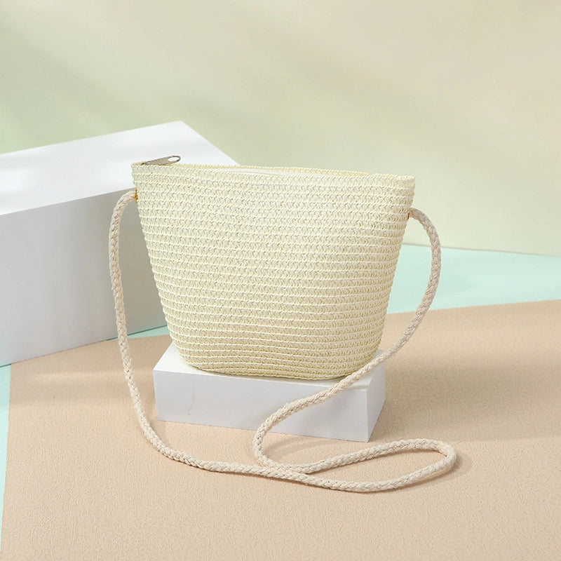 Women's Straw Solid Color Beach Weave Square Zipper Flip Cover Straw Bag