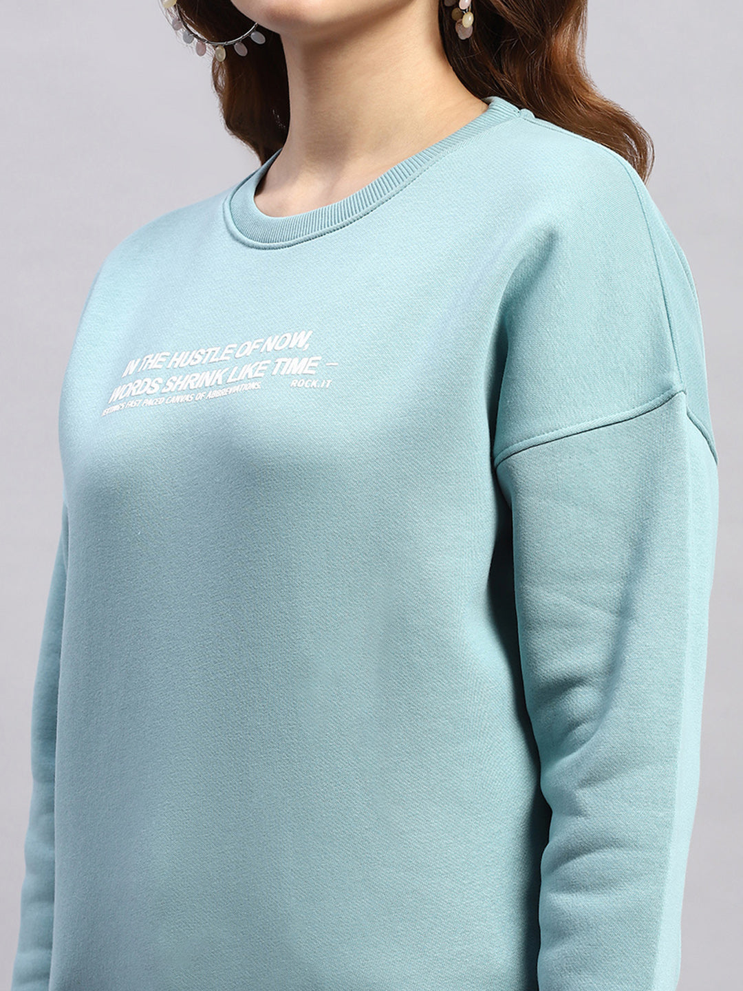 Women Blue Printed Round Neck Full Sleeve Sweatshirt