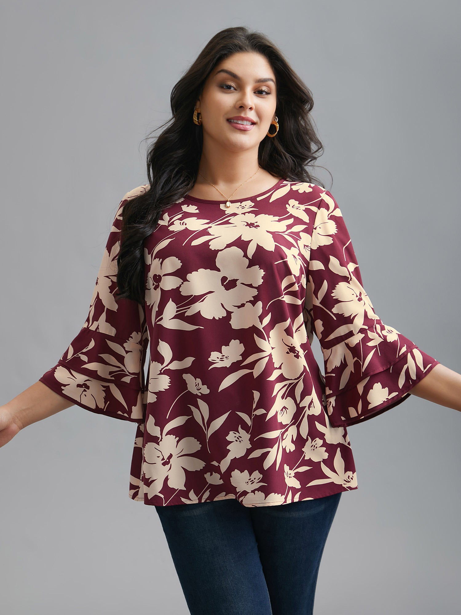 Silhouette Floral Print Tiered Ruffles Blouse