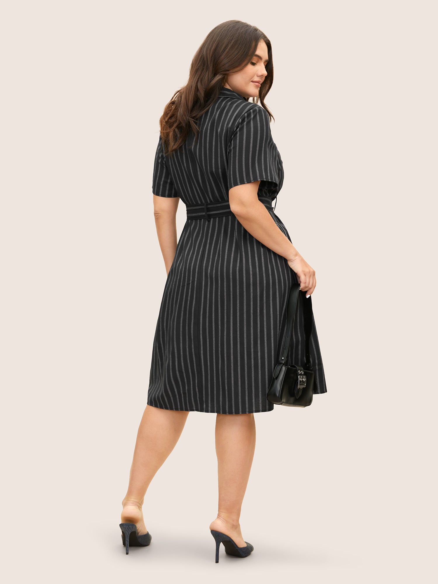 Striped Shirt Collar Buckle Detail Belted Dress