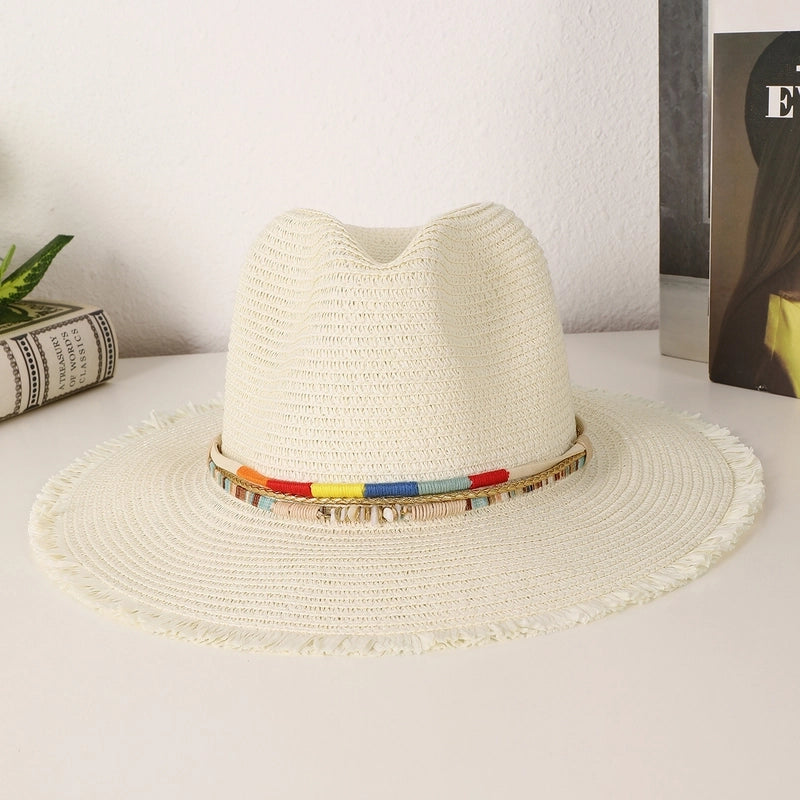 Women's Casual Vacation Beach Solid Color Beaded Big Eaves Straw Hat