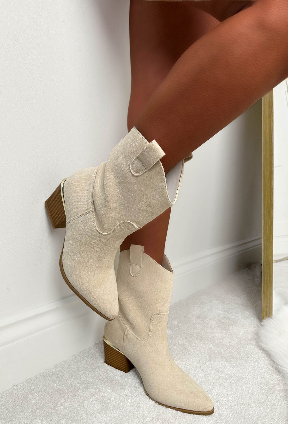 Western Girl Beige Faux Suede Ankle Boots