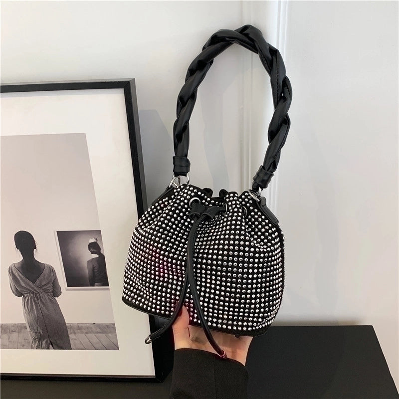 Women's Medium Pu Leather Solid Color Streetwear Rhinestone String Bucket Bag