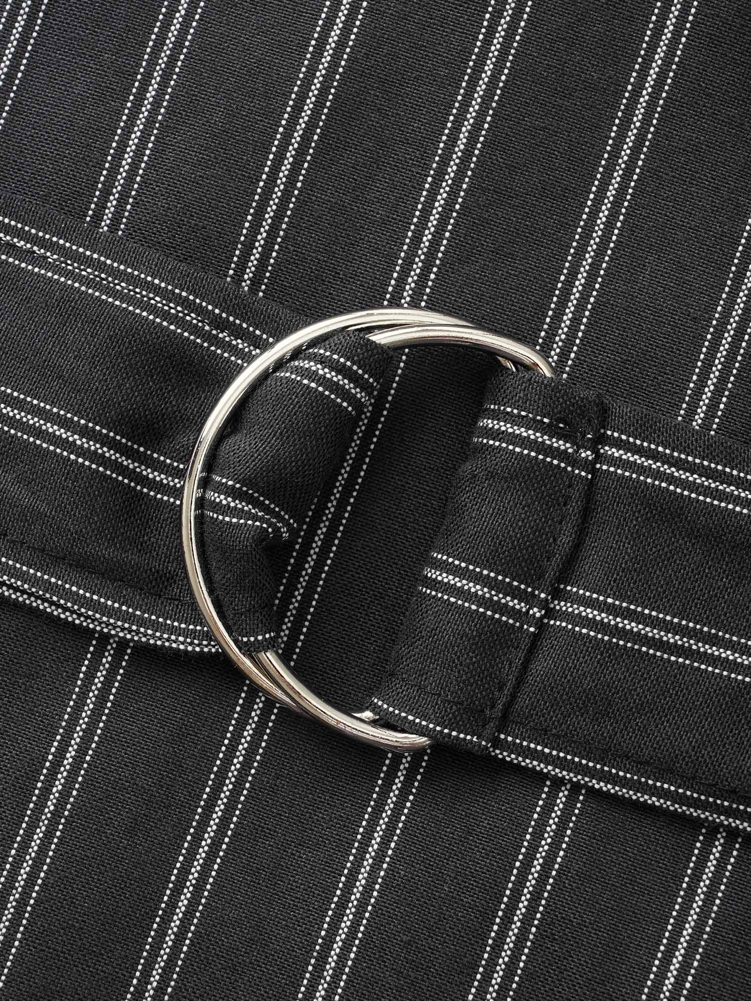 Striped Shirt Collar Buckle Detail Belted Dress