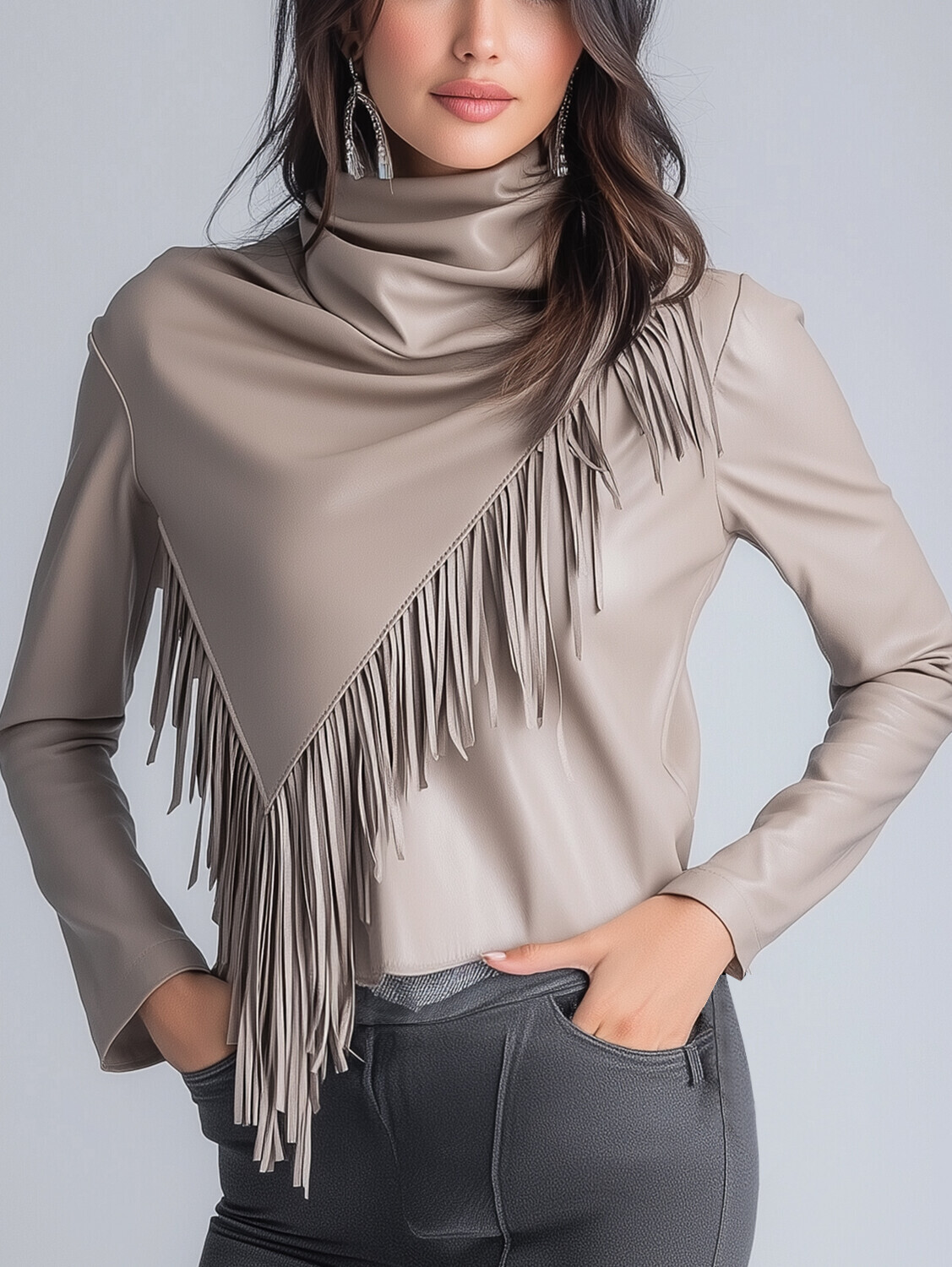Ursime PU Leather Cowl Neck Long Sleeve Irregular Fringe Blouse