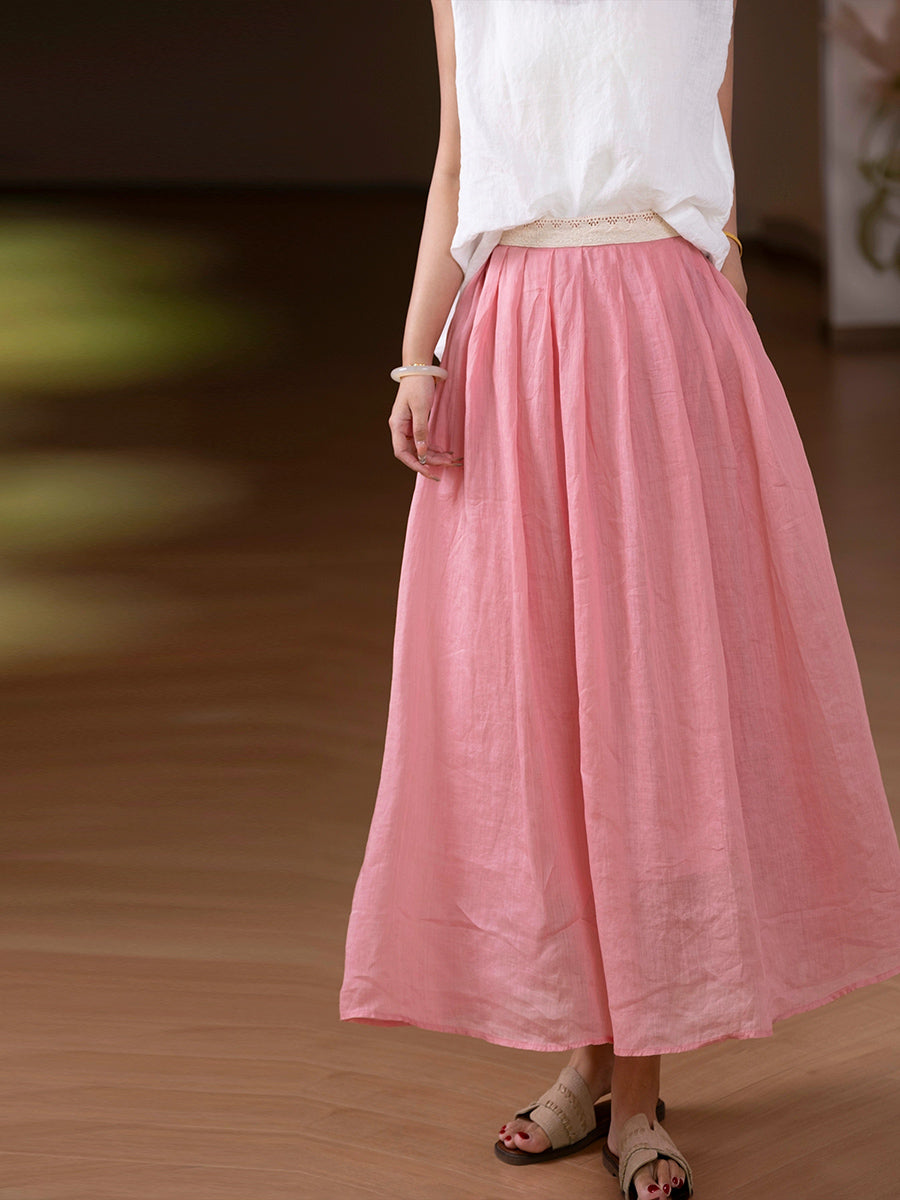 Women Summer Artsy Pure Color A-Shape 100%Ramie Skirt
