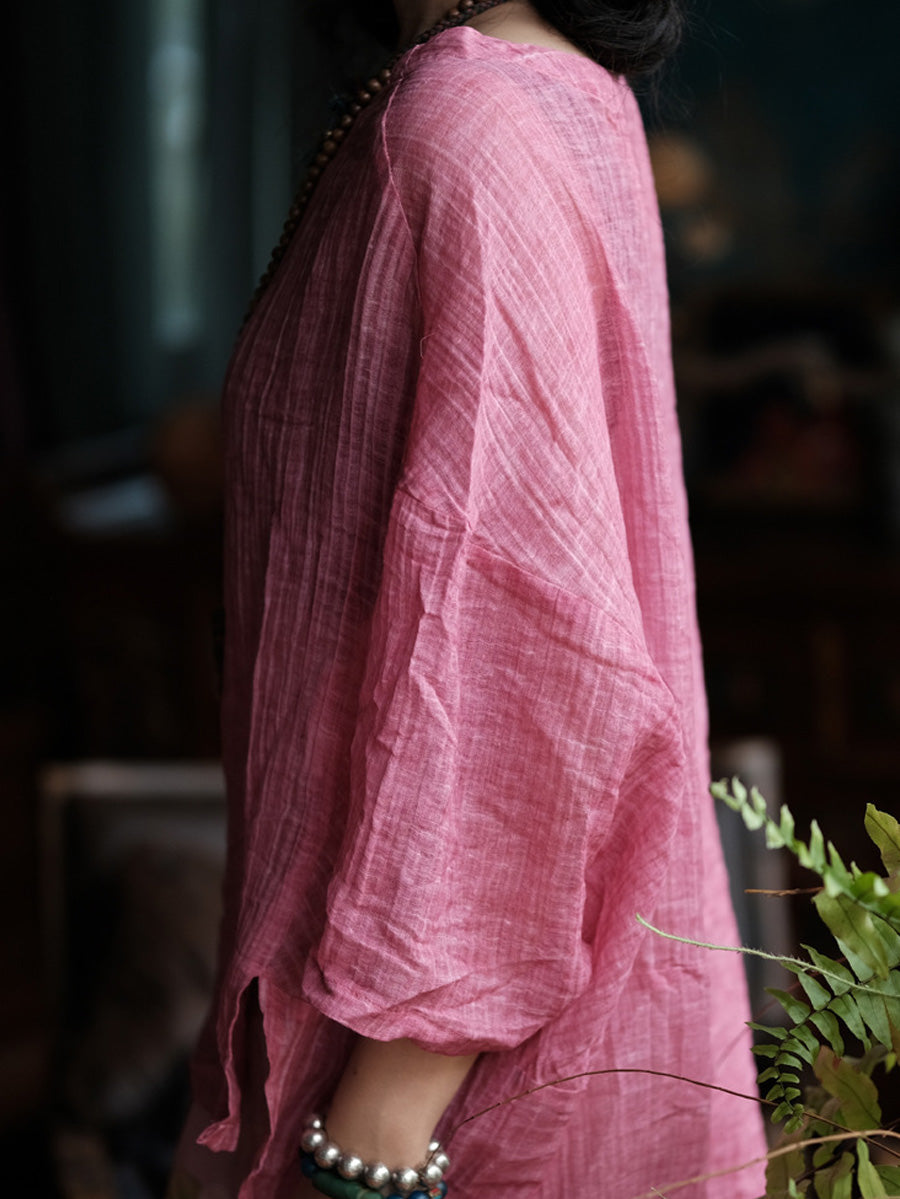 Women Summer Retro Plaid O-Neck Linen Shirt