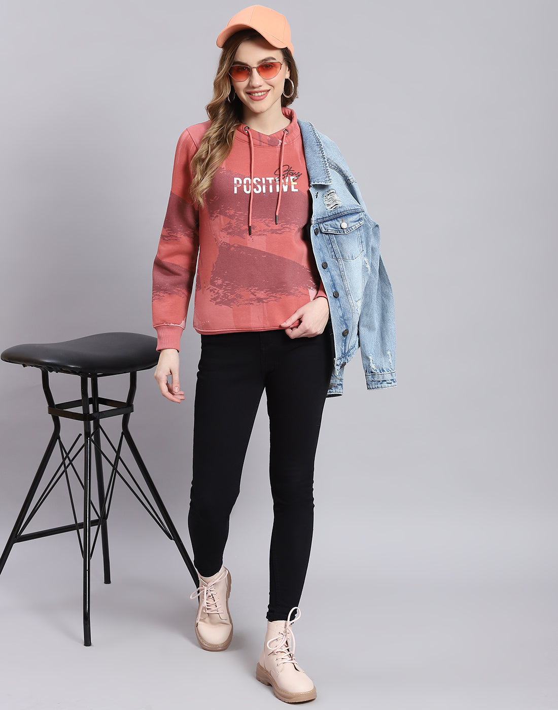 Women Peach Printed Round Neck Full Sleeve Sweatshirt