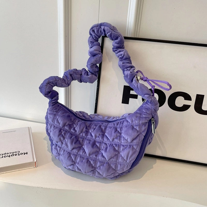 Women's Large Flannel Solid Color Streetwear Dumpling Shape Zipper Shoulder Bag