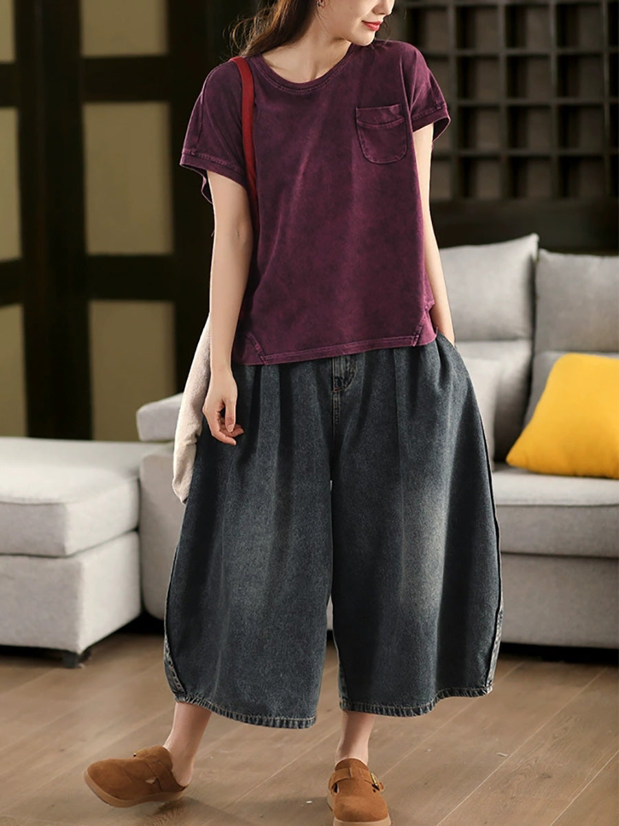Women Summer Retro Pure Color O-Neck 100%Cotton Shirt