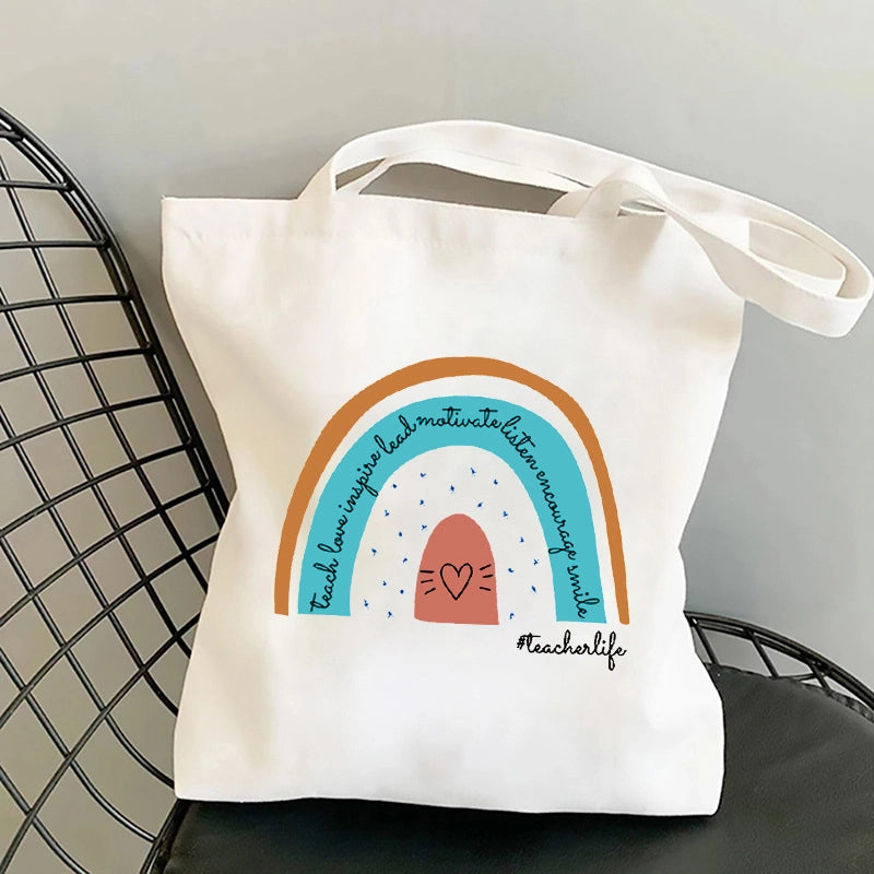 Women's Medium Canvas Letter Rainbow Preppy Style Classic Style Square Zipper Canvas Bag