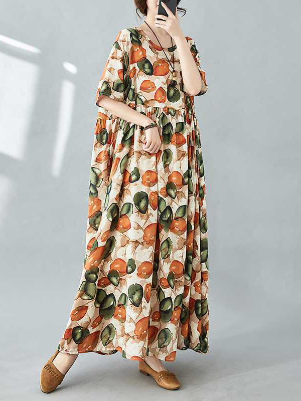 Half Sleeves Loose Pleated Printed Split-Joint Round-Neck Midi Dresses
