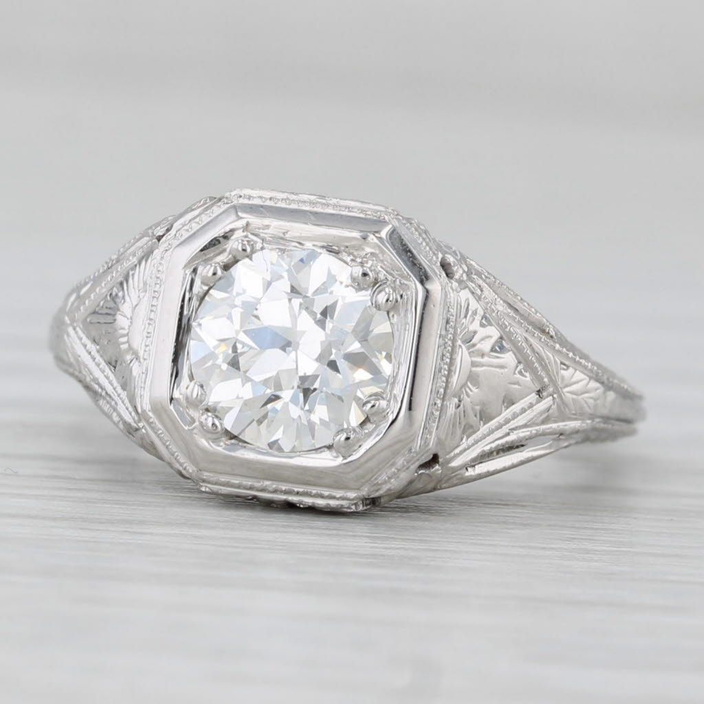 Art Deco 1.08ct Old European Diamond Engagement Ring 18k Gold Floral Sz 5.25 GIA