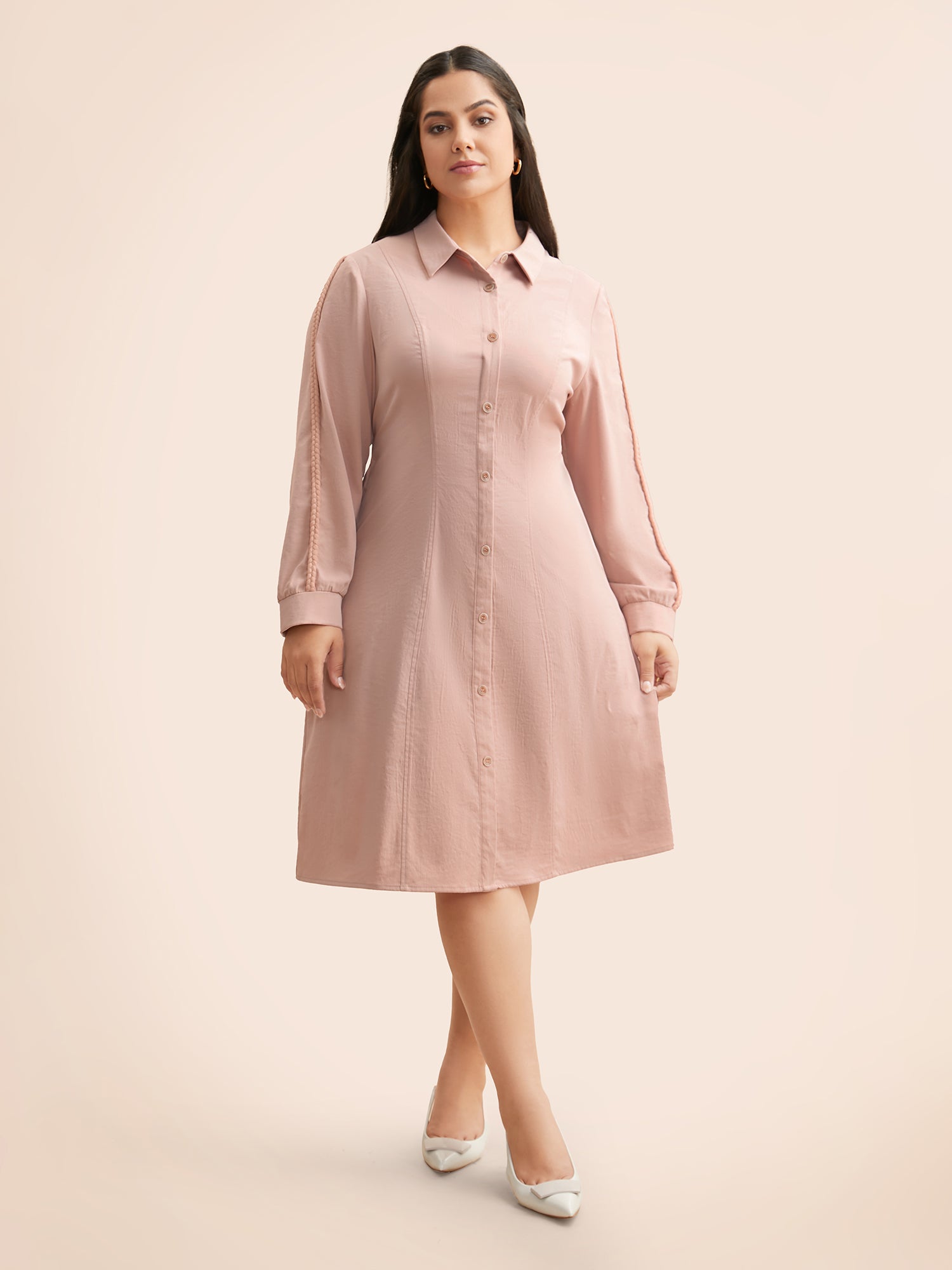 Shirt Collar Shirred Woven Ribbon Dress