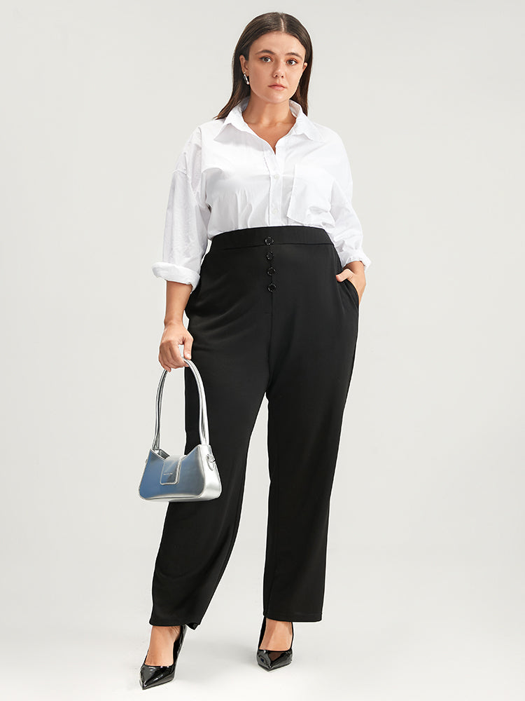 Solid Elastic Waist Fake Button Pocket Pants
