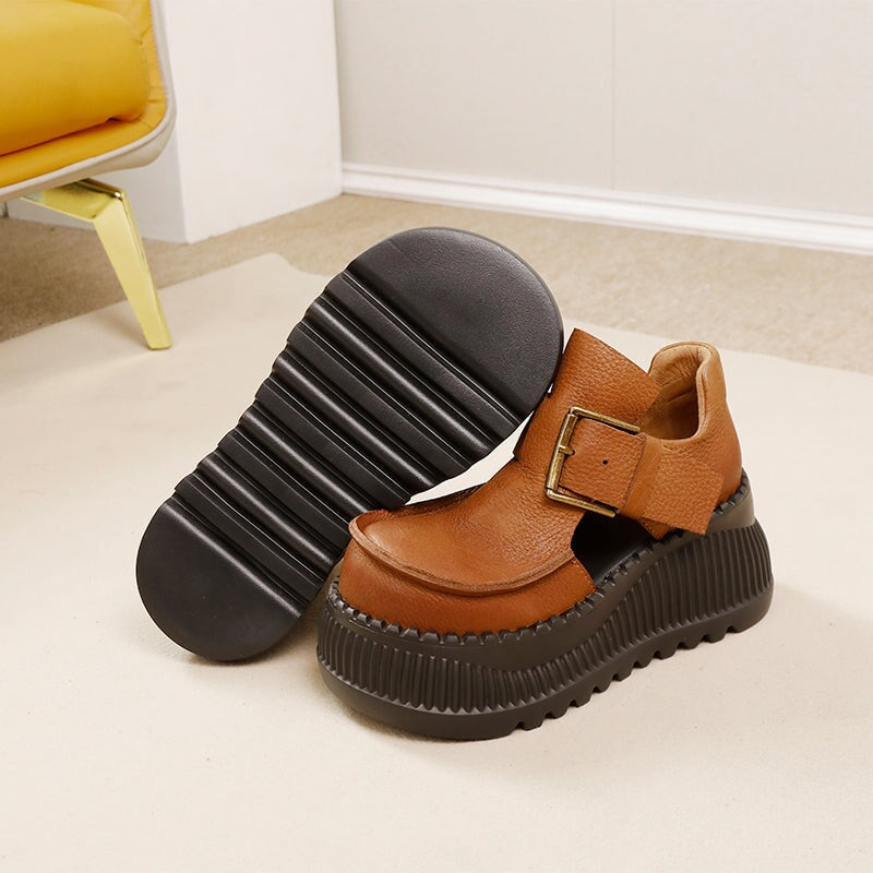 75mm Platform T-Straps Sandals Cowhide Mary Jane Shoes in Black/Light Brown