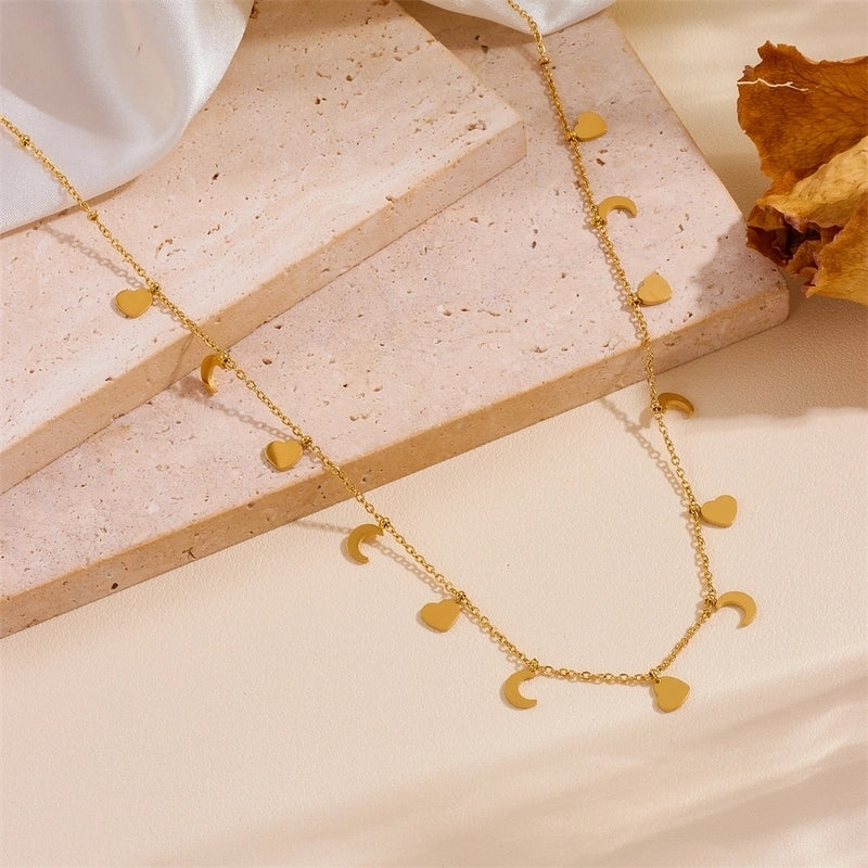 Elegant Moon Heart Shape Butterfly Titanium Steel 18K Gold Plated Plating Necklace