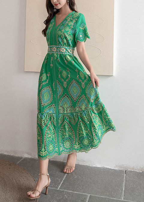 French Green Embroidered Hollow Out Cotton Long Dresses Summer
