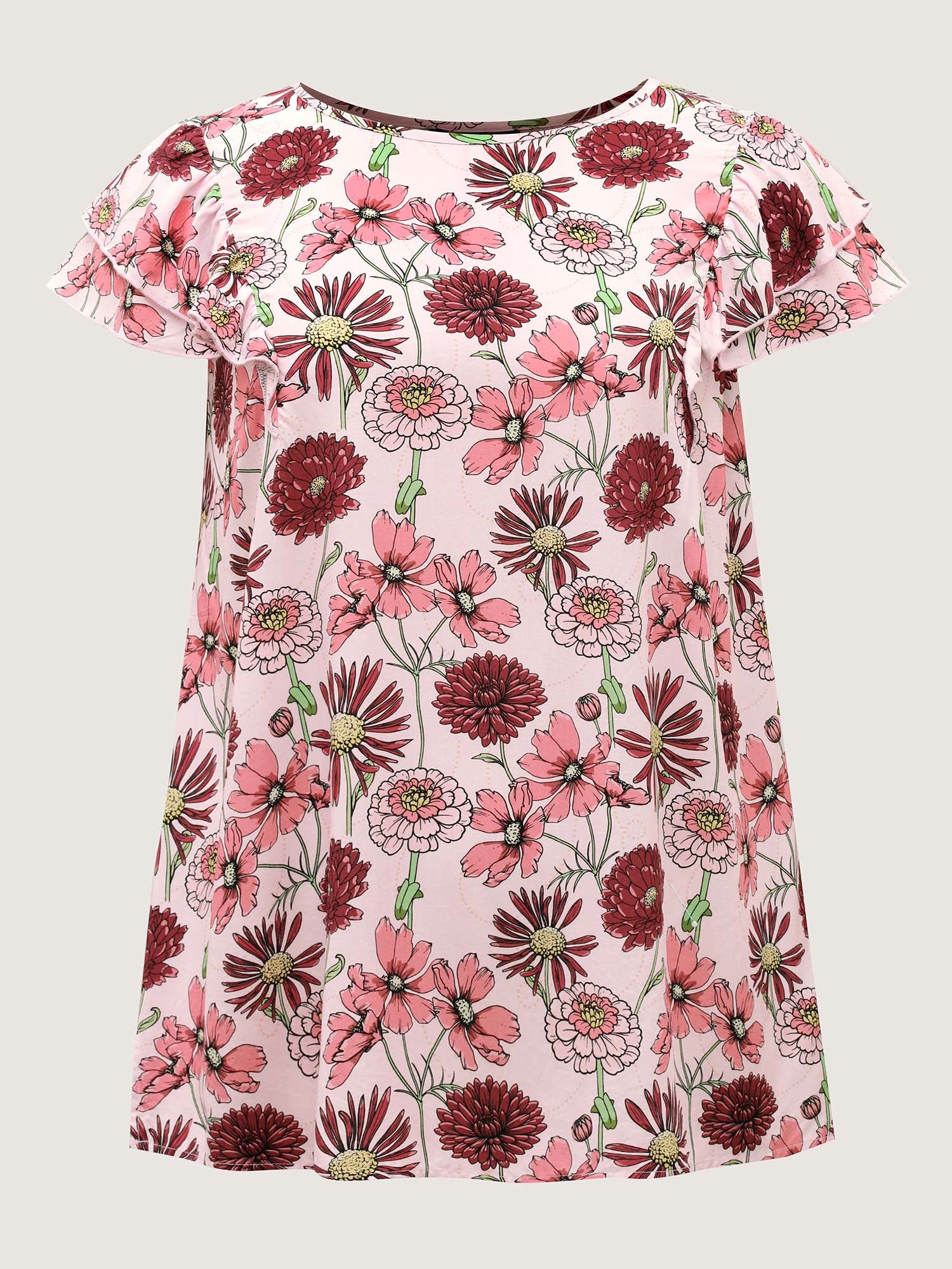 Large Floral Print Layered Sleeve Blouse