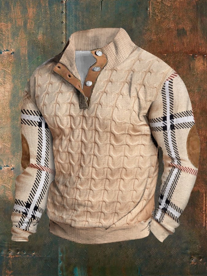 Men's Cable Plaid Patch Sleeve Stand Collar Pullover