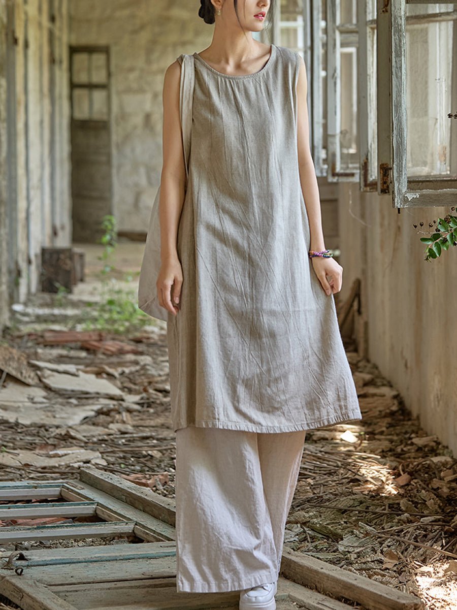 Women Summer Pure Color O-Neck Linen Vest Dress