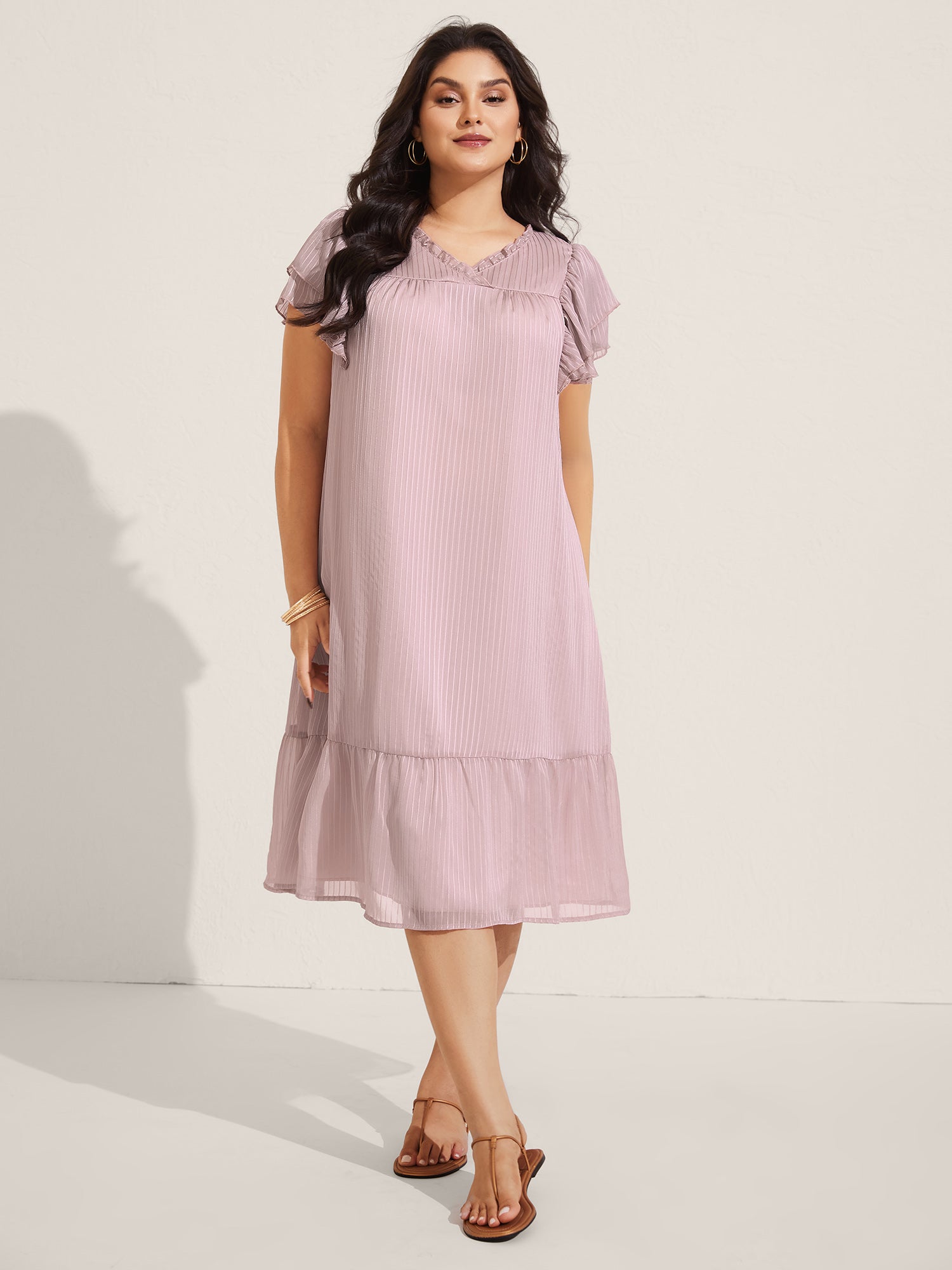 Sheer Textured Layered Ruffled Sleeve Midi Dress