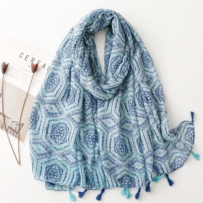 Yarn Cotton Fruit Green Bright Yellow Leaf Printing Tassel Scarf Shawl