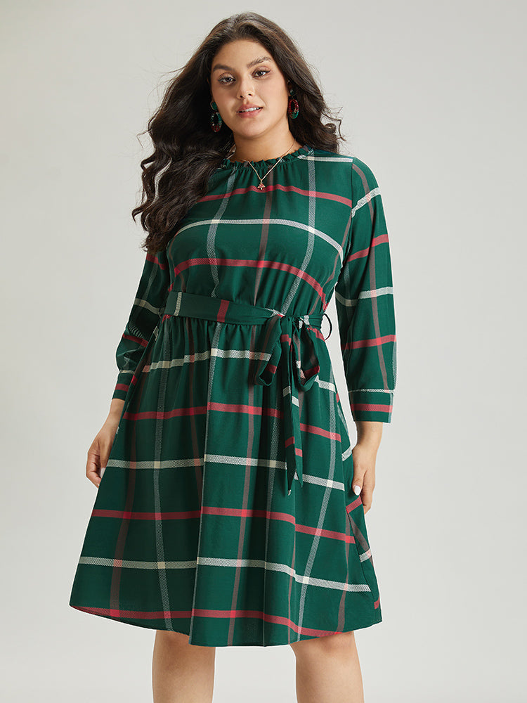 Plaid Stand Collar Gathered Belted Dress