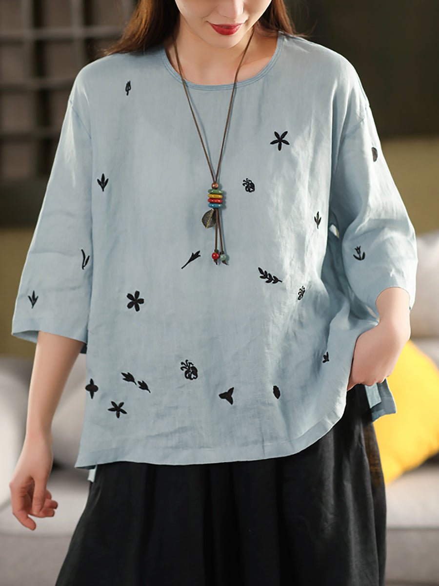 Women Spring O-Neck Flower Embroidery 100%Linen Shirt