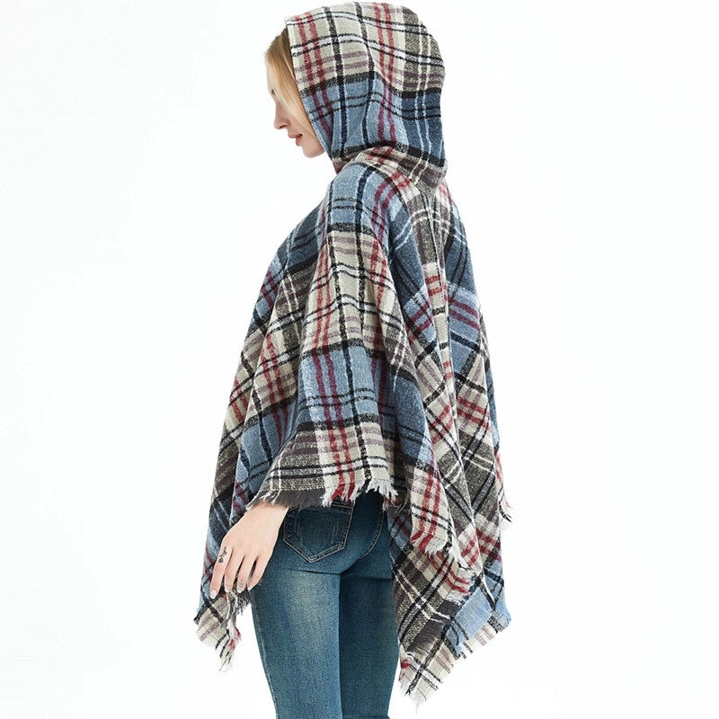 Direct New Cape Europe And The United States Spring And Autumn And Winter New Barbed Wool Pullover Plaid Hat Cape Shawl