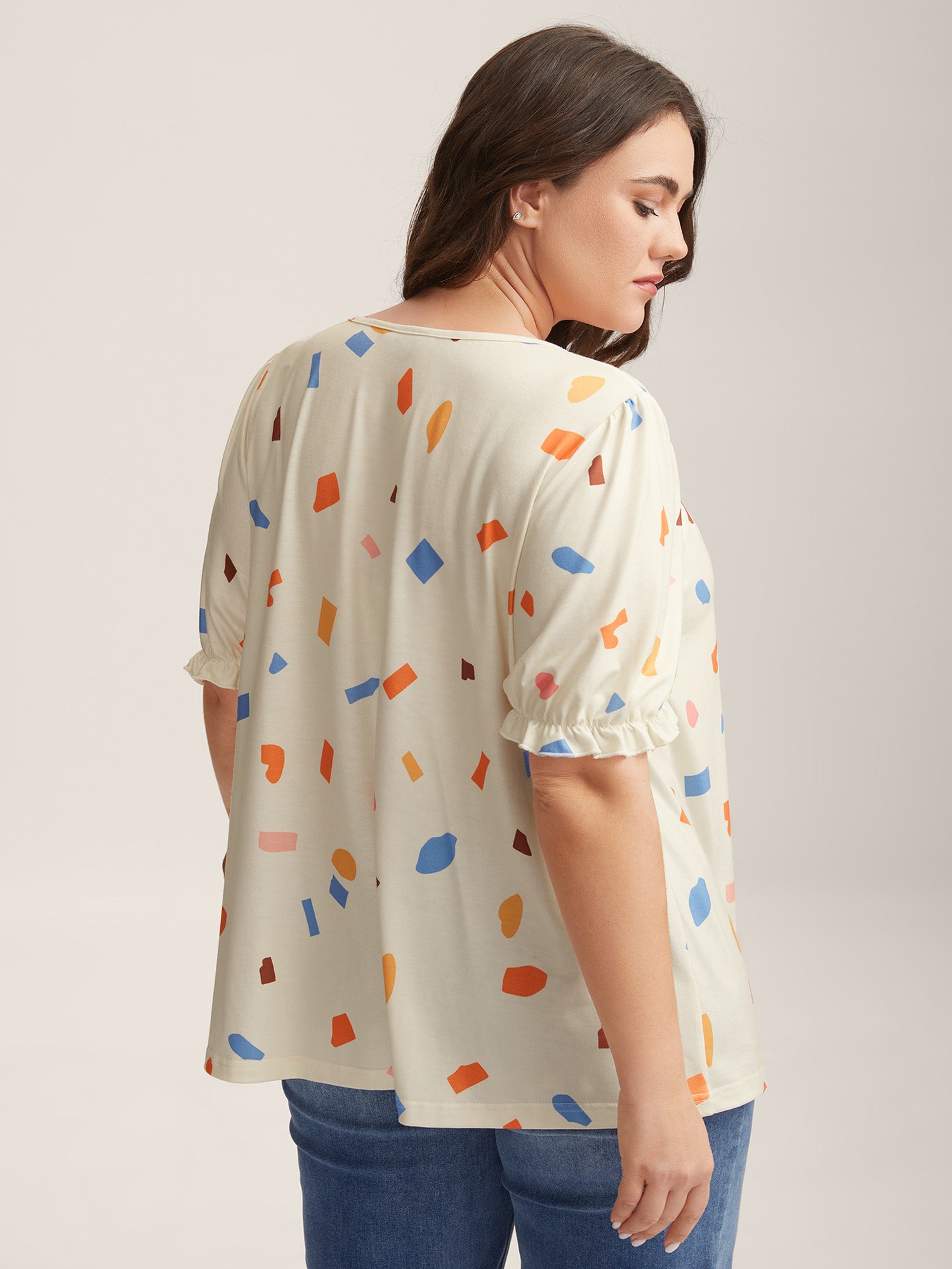 Confetti Print Shirred Round Neck T-Shirt